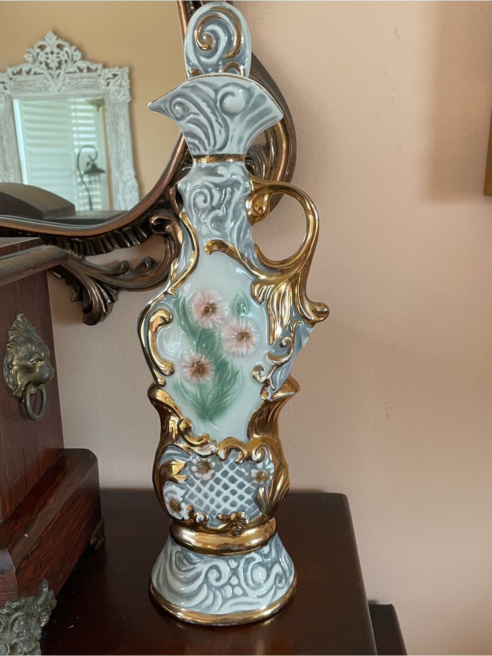 Mid Century Genuine Regal China Gold-Accented Floral Vase Liquor Bottle 15”